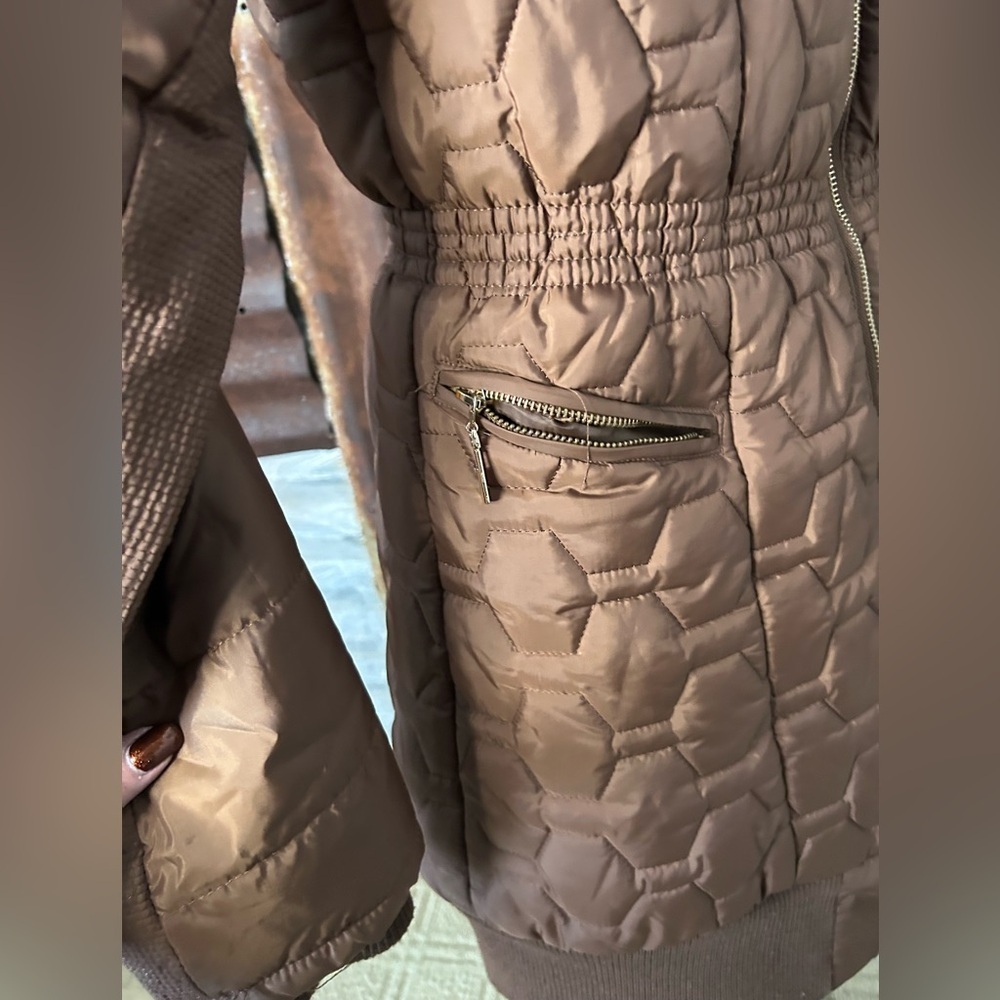 Daisy Quilted Puffer Coat Brown Zip Front Long Jacket- size small - Picture 5 of 8